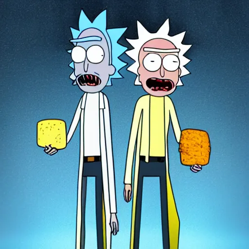 Image similar to rick and morty in a cheese dimension, octane render, tv show,