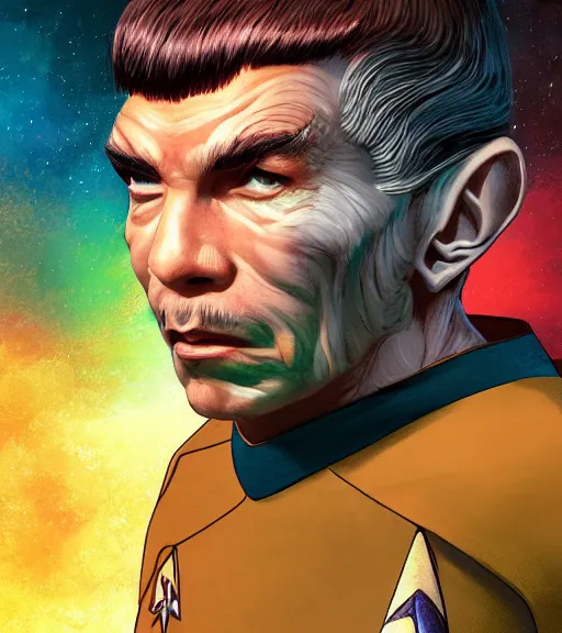 Prompt: an epic fantasy comic book style portrait painting of star trek spock smoking weed and being stoned, studio ghibli, unreal 5, daz, hyperrealistic, octane render, cosplay, rpg portrait, dynamic lighting, intricate detail, harvest fall vibrancy, cinematic