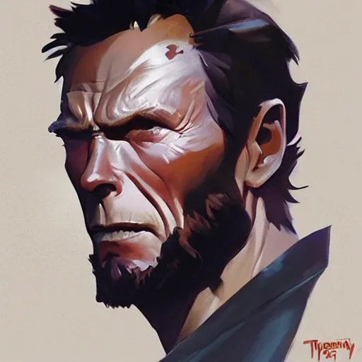 Image similar to greg manchess painting of clint eastwood as an overwatch character, profile picture, matte painting, bold shapes, hard edges, street art, trending on artstation, by huang guangjian and gil elvgren and sachin teng