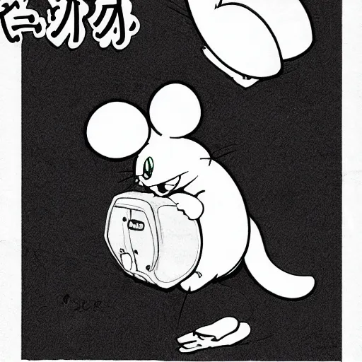 Prompt: mouse, illustrated by mato and ken sugimori, manga, black and white illustration