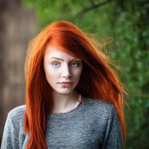 Image similar to a very beautiful young woman with auburn hair with a streak of white