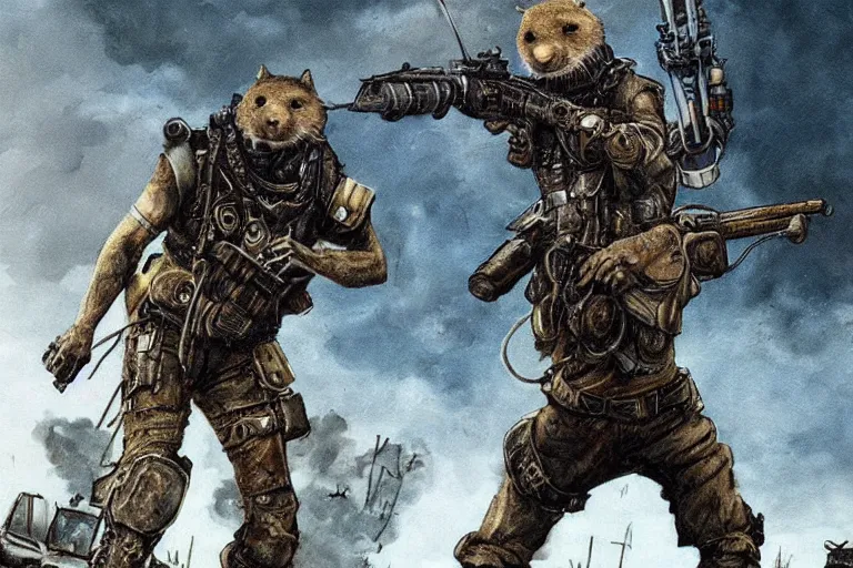 Image similar to a good ol'otter fursona ( from the furry fandom ), heavily armed and armored facing down armageddon in a dark and gritty version from the makers of mad max : fury road. witness me.