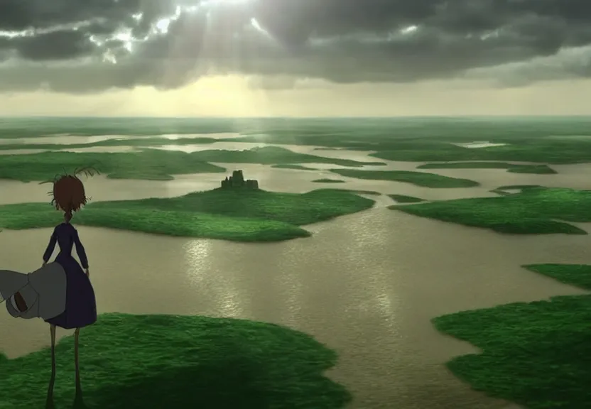 Image similar to a cell - shaded cartoon movie still from howl's moving castle ( 2 0 0 4 ) of a beautiful young woman flying a gyrocopter in a flooded rainforest valley. stonehenge is seen in the background with shafts of sunlight from above. wide shot, very dull muted colors, hd, 4 k, hq