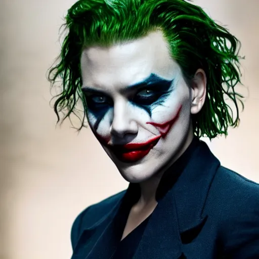 Image similar to stunning awe inspiring scarlett johansen as the joker, movie still 8 k hdr atmospheric lighting