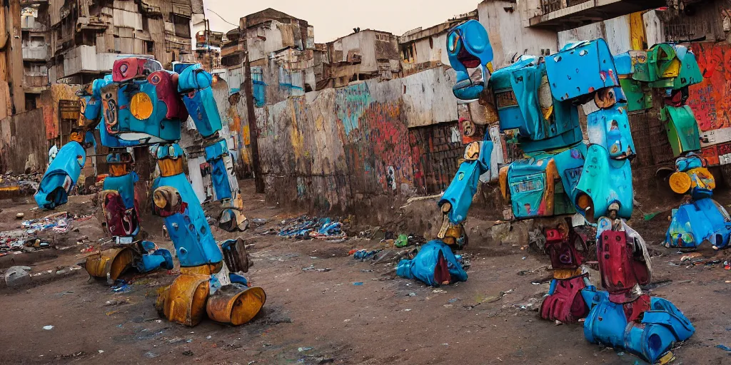 Prompt: colourful but run-down giant mecha ROBOT of AJEGUNLE SLUMS of Lagos, markings on robot, Golden Hour,