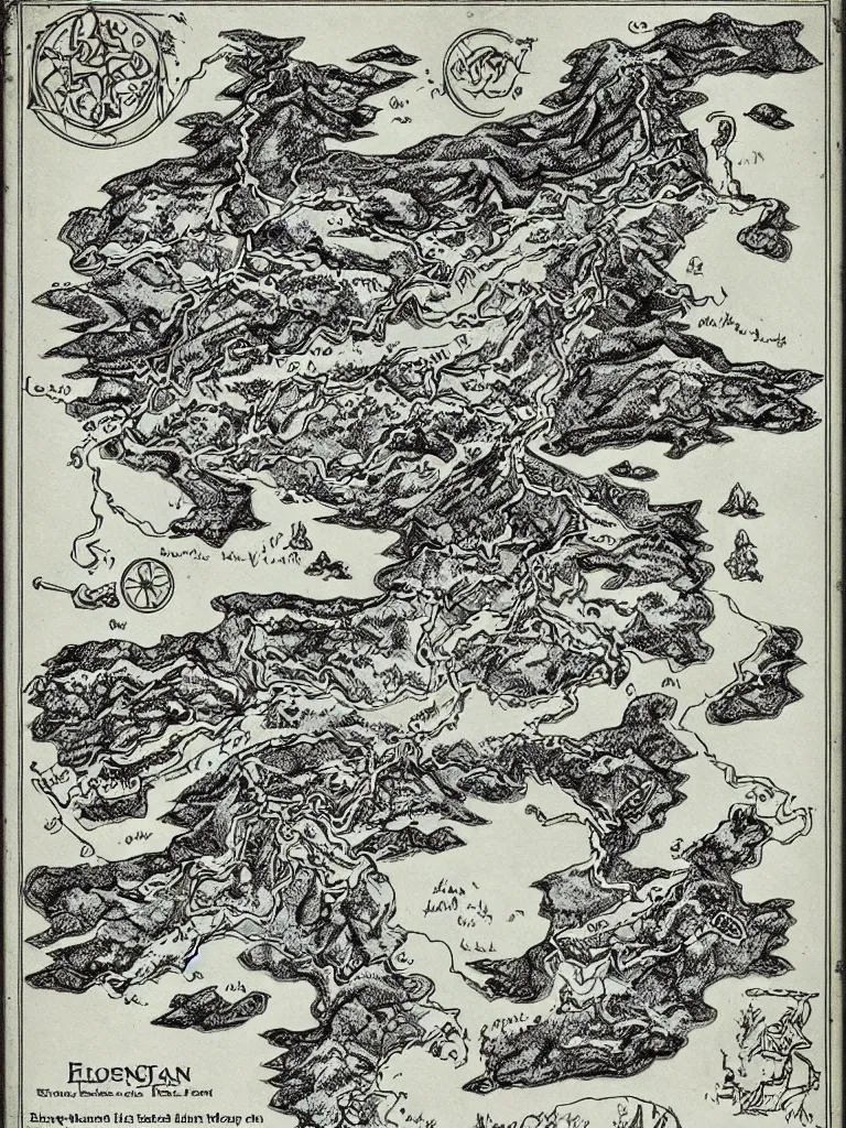 Image similar to old fantasy map of a frozen region with a abandoned mine drawn by j. r. r. tolkien