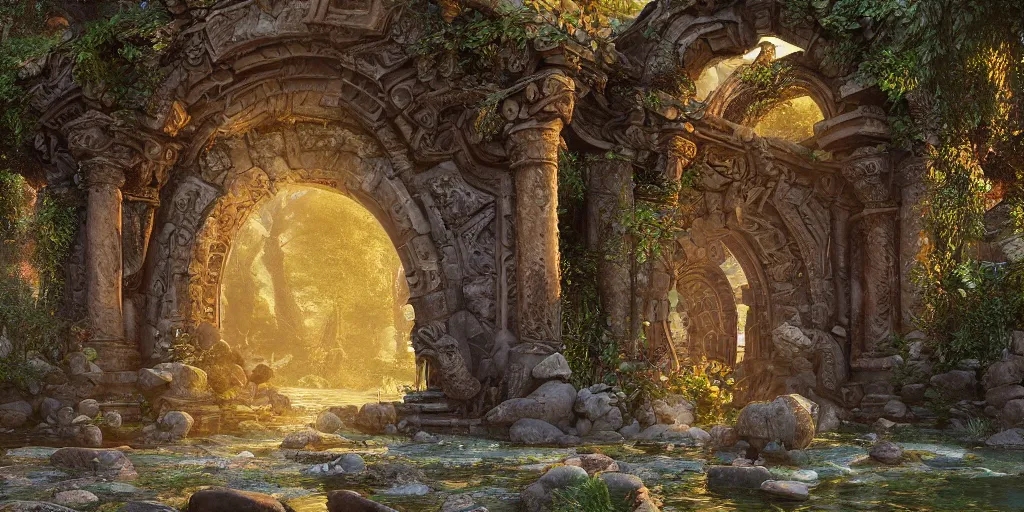 Prompt: a beautiful ornate stone portal to a mysterious world at the end of a tranquil riverbed, 3 d render, by dave dorman, anato finnstark and lisa frank, 8 k, extreme detail, sharp focus, octane render