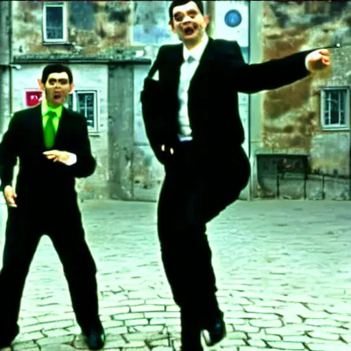 Prompt: Mr Bean in the Matrix, bullet time, cinematic, film clip