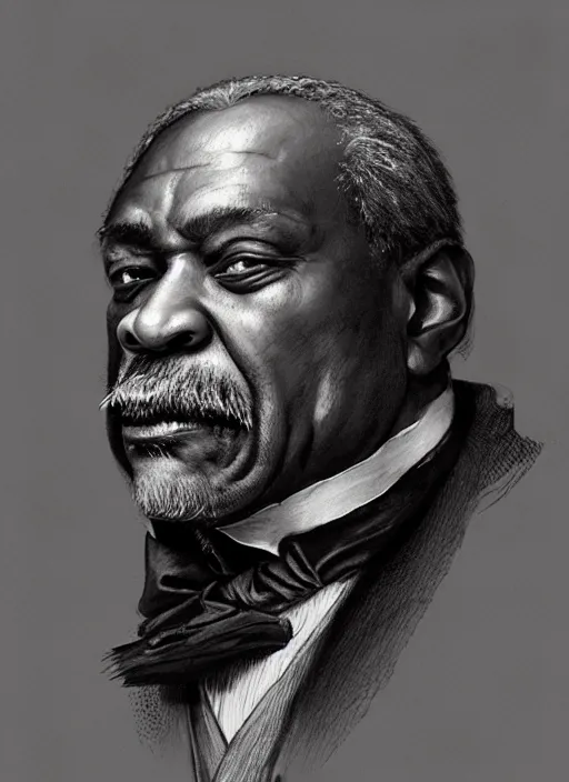 Image similar to a portrait of an old black man with a crooked nose in victorian clothing, confident pose, intricate, elegant, sharp focus, illustration, highly detailed, concept art, matte, trending on artstation, anime, art by james jean and artgerm and brian despain and alberto mielgo, greg rutkowski, wlop, ilya kuvshinov, strong strokes