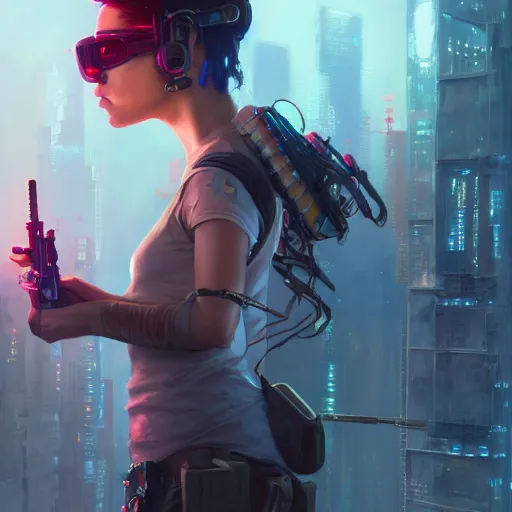 Image similar to highly detailed portrait of a young cyberpunk woman aiming a rifle, stephen bliss, unreal engine, fantasy art by greg rutkowski, loish, rhads, ferdinand knab, makoto shinkai and lois van baarle, ilya kuvshinov, rossdraws, tom bagshaw, global illumination, radiant light, detailed and intricate environment