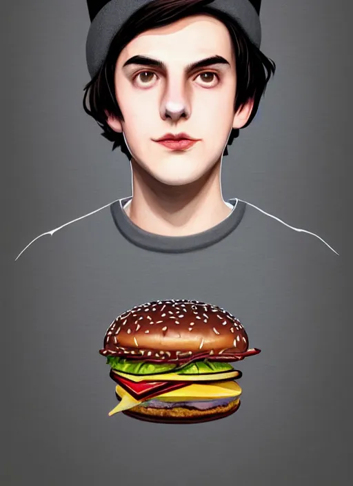 Prompt: portrait of teenage jughead jones wearing a light grey crown, symmetrical crown, sweater with letter s on it, hamburger, eyes closed, crown, black hair, intricate, elegant, glowing lights, highly detailed, digital painting, artstation, concept art, smooth, sharp focus, illustration, art by wlop, mars ravelo and greg rutkowski