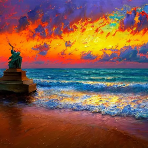 Image similar to acrylic painting, impressionism and expressionism, strong emotional impact, bold pastel colors, expressive brushstrokes. by peter mohrbach and mark keathley. fantasy illustration of the shore of the island of monuments and statues. spectacular sunset. beautiful and vivid trending on artstation hq 8 k contest winner # wow