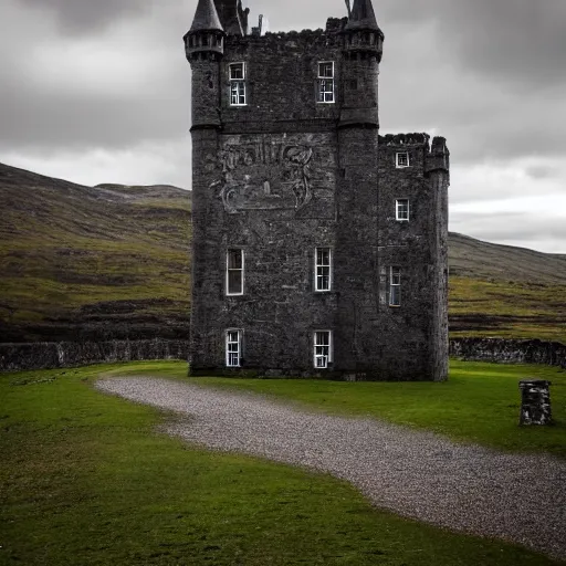 Prompt: haunted castle in the scottish highlands, highly detailed photography, sharp, crisp, ominous, spooky, macabre