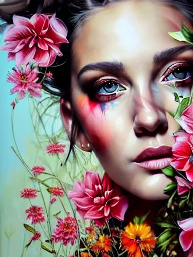 Image similar to portrait of lyndsey scott with a floral background : : painted by artgerm, karol bak, artur bordalo, sandra chevrier : : portrait, character, illustration, hyperrealism, photorealism