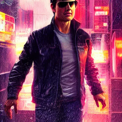 Image similar to photo of tom cruise in the style of stefan kostic, realistic, cyberpunk, neon, nighttime, rain storm, body shot, sharp focus, 8 k high definition, insanely detailed, intricate, elegant, art by stanley lau and artgerm, floating embers