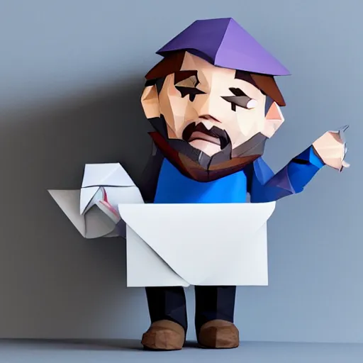 Prompt: low poly, a bewildered dwarf peering over the edge of his desk with only the top half of his face exposed, the desk being covered in sprawling piles of mail, low poly, low poly, low poly