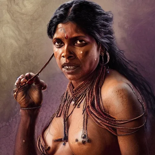 Prompt: portrait painting of a black muscular bloodied indian middle aged woman in river screaming name of god, sari, ultra realistic, concept art, intricate details, eerie, horror, highly detailed, photorealistic, octane render, 8 k, unreal engine. art by artgerm and greg rutkowski and alphonse mucha