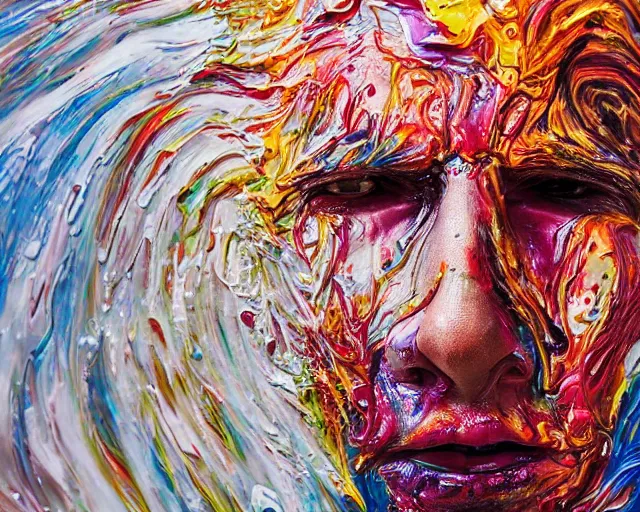 Image similar to still shot close up footage of the portrait of a human head explodes and disintegrates into acrylic pour and splashing paint, motion blur, hyperrealistic, medical, intricate art photography, anatomically correct, realistic crisp textures, 1 6 k