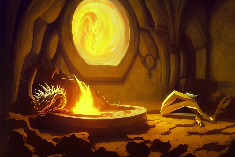 Image similar to anime key visual of majestic prismatic dragon sleeping in a treasury of gold and treasure, great dwarven halls lit by cauldrons of fire, high fantasy, style of jamie wyeth james gilleard edward hopper greg rutkowski acrylic painting, preserved museum piece, historical