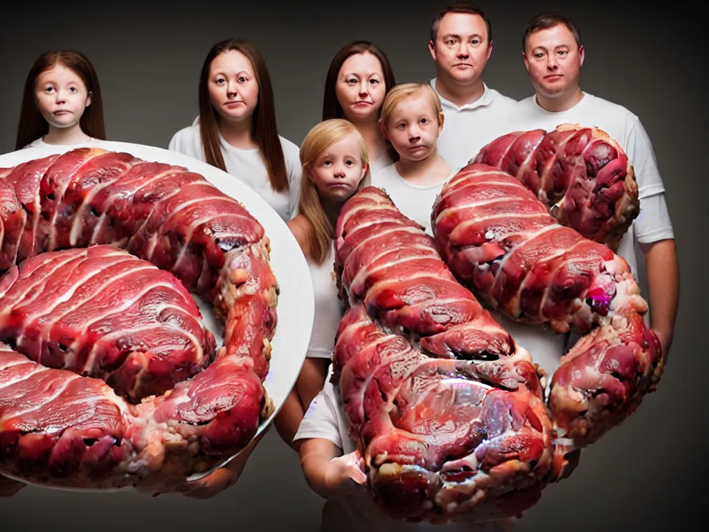 Image similar to portrait of a family having been sewn together and compressed and moulded into a levitating spheroid of meat. perfectly composed, beautiful studio lighting and impeccable focus.