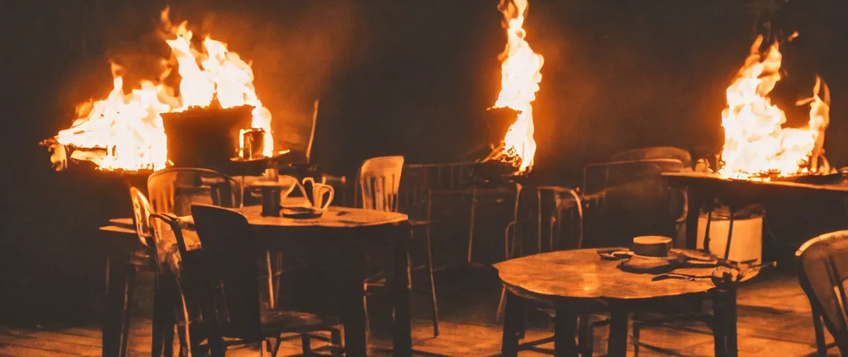 Image similar to a photograph of a big fire on a dining room on fire, only remains a wooden table and a chair (no fire at all there), an human-like relaxed dog sitting at this table, ☕ on the table, surrounded by flames, a lot of flames behind the dog, black smoke instead of the ceiling, no watermark