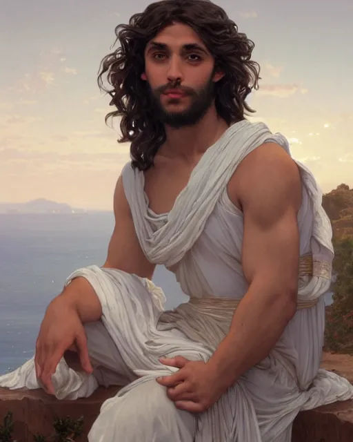 Prompt: young greek man, long curly hair, 3 / 4 portrait, elegant ancient greek dress, very detailed, coast as the background, beautiful, intricate, cinematic, artstation, william bouguereau, alphonse mucha, greg rutkowski, rossdraws, octane render