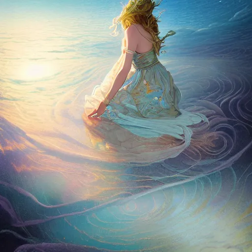 Prompt: harmony of swirly clouds, elven girl wearing the ocean as a dress, night sky, by wlop, james jean, victo ngai! muted colors, highly detailed, fantasy art by craig mullins, thomas kinkade