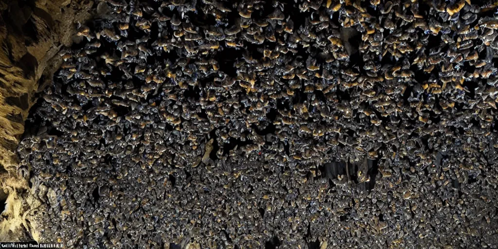 Prompt: a colony of Fruit bats with glowing eyes hang from the ceiling of an Indonesian cave, atmospheric, mysterious, in the style of National Geographic, hyperreal