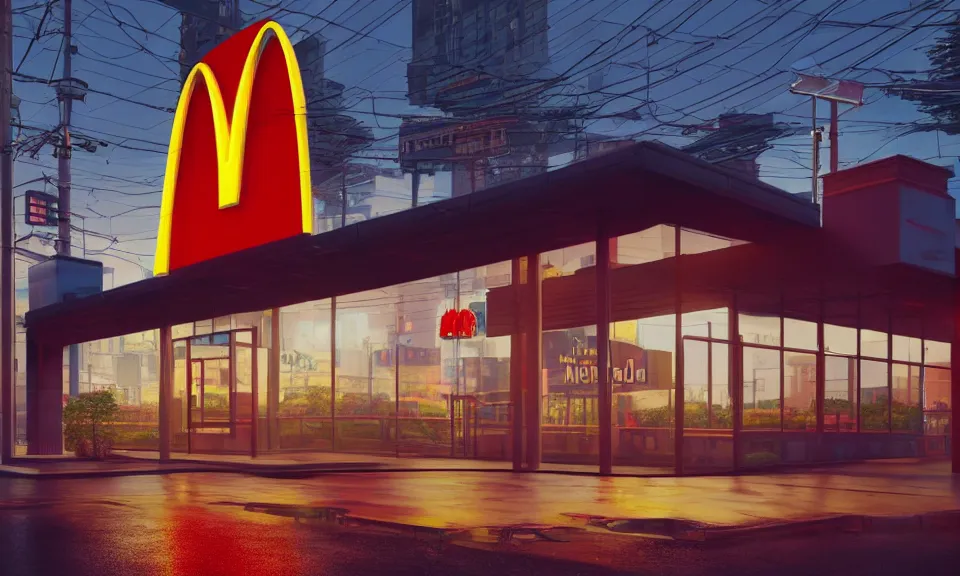 Image similar to exterior shot of a mcdonalds in a cyberpunk city, at night, neon lights, light bloom, octane render, rainy, reflections