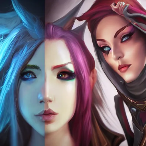 Image similar to league of legends, xayah and rakhan, style of photorealism