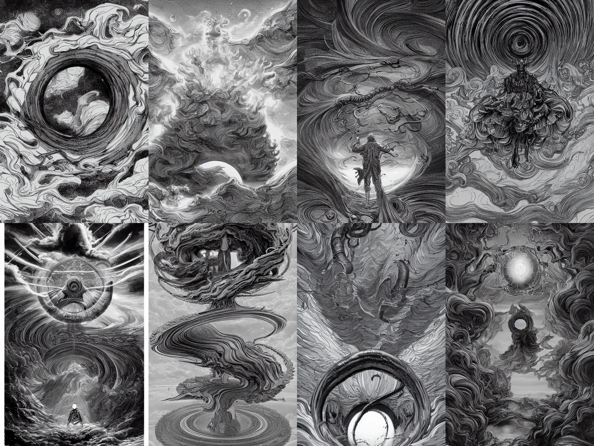 Prompt: a portal floating in the air, swirly clouds in the background, art by James Jean and Wayne Barlowe, high details , black and white ink, cinematic, cgsociety 8k