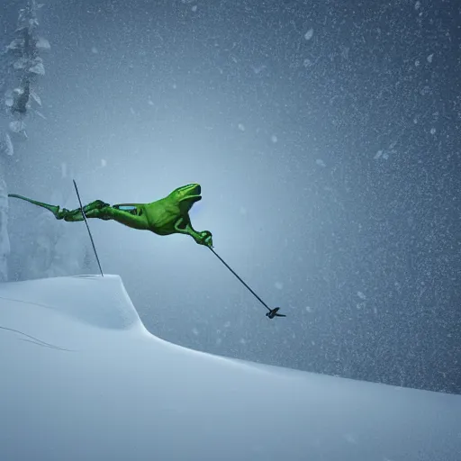 Prompt: 3 d octane render of a man dressed like a frog skiing down a snowy mountain