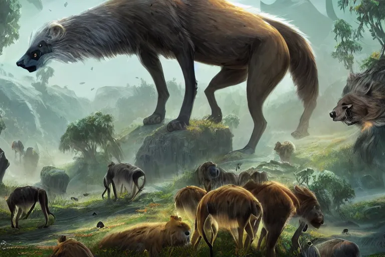 Image similar to colony of beautiful elegant otherworldy animals+hyenas, landscape, fantasy, sci-fi, concept art, speculative evolution, 4k ultra hd, digital art