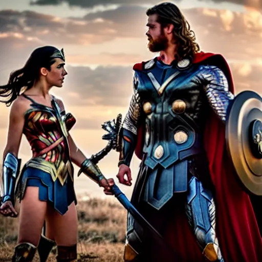 Image similar to chris hemsworth as thor, and gaul gadot as wonder woman, romantic movie scene, kissing, making out, photo