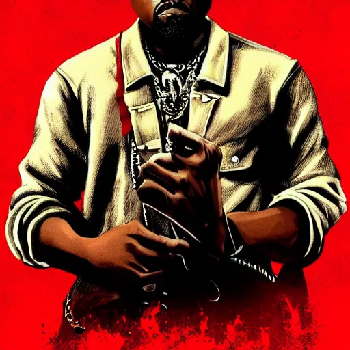 Prompt: kanye west in stephen bliss illustration red dead redemption 2 artwork of kanye west, in the style of red dead redemption 2 loading screen, by stephen bliss, artstation