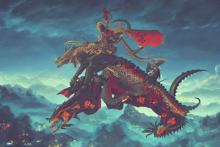 Prompt: A Samurai riding a dragon holding a butterfly knife in a dragon war in the sky, digital art, japanese art, detailed, colorful, Hayao Miyazaki, realism, 8k, retro, neon, ambient lighting, cinematic lighting, Hyper-realsim, glow,