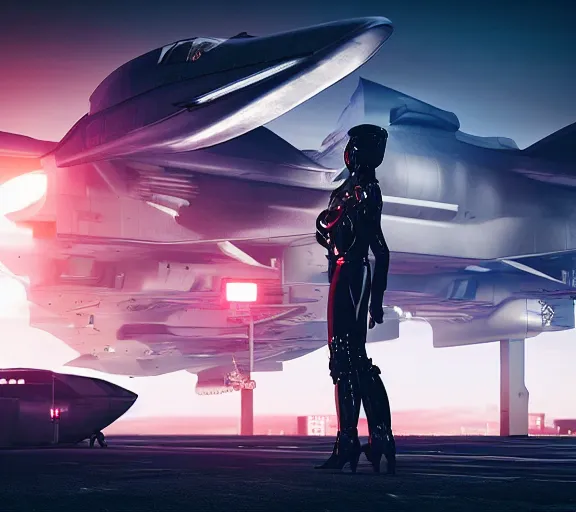 Image similar to fighter pilot stands beside futuristic sci fi fighter jet landed at runway of cyberpunk city, night photo ,dark cinematic lighting , digital concept art