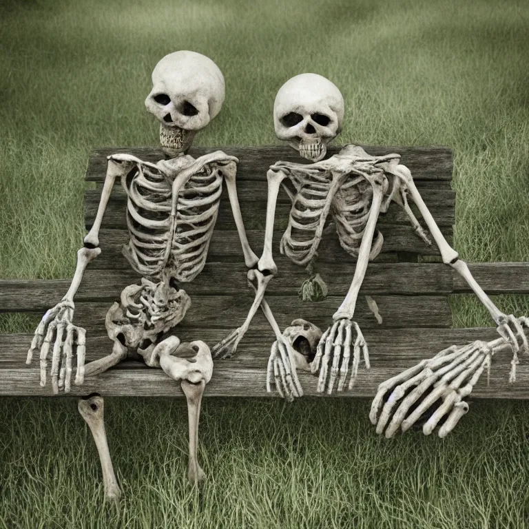 Prompt: decayed old romantic couple of skeletons, sitting on a park bench, holding their hands, partially covered with dust and moss, cinematic lighting, photorealistic image, 8k, ultra detailed, high resolution, artstation