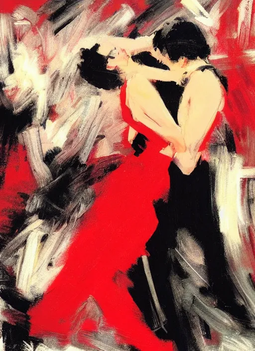 Image similar to tango dancerin in black and red dress, painting by phil hale, fransico goya,'action lines '!!!, graphic style, visible brushstrokes, motion blur, blurry, visible paint texture, crisp hd image