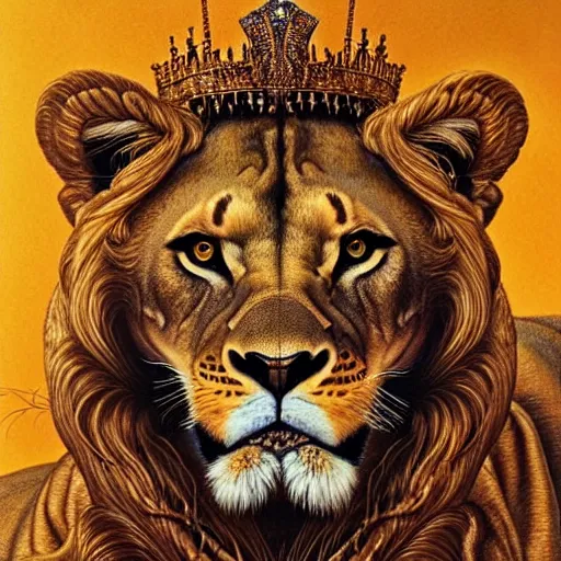 Image similar to highly detailed portrait of a majestic lioness queen in the form of a beautiful woman. d & d. art by william stout, donato giancola, brian bolland, ruan jia, peter lindbergh. trending on artstation, intricate details, energetic composition, golden ratio, concept art, illustration, elegant art, global illuminaition