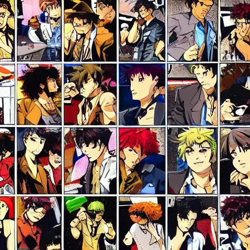 Prompt: photo mosaic of toilets that makes a picture of cowboy bebop