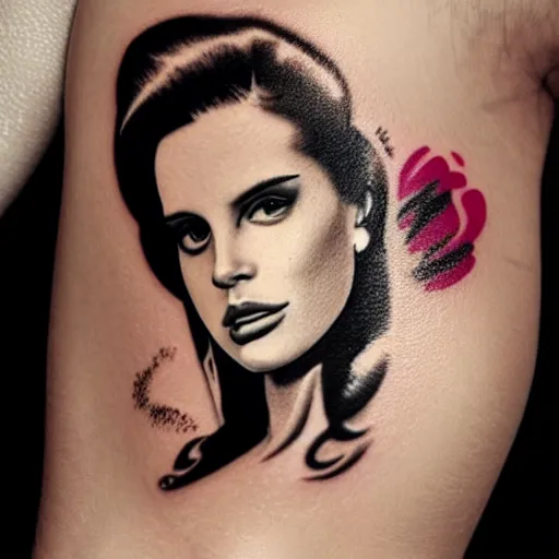 Image similar to Lana del rey tattoo design, photorealistic, dramatic