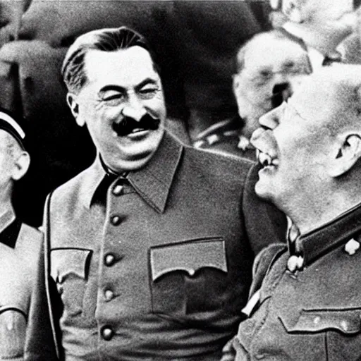 Prompt: stalin laughing along hitler in a ww 2 photograph