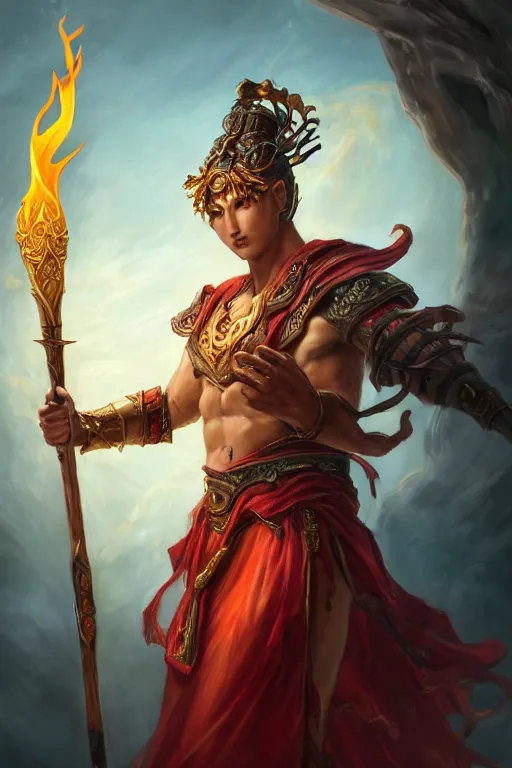 Image similar to a masterpiece portrait of nezha, legendary god holding spear, man, flame everywhere, epic pose, fantasy character portrait, closeup shot, hyper detailed, digital painting, 8 k realistic, trending on artstation, sharp focus, dof, by fenghua zhong, artgerm, ne zha from smite, jeff easley, raymond swanland