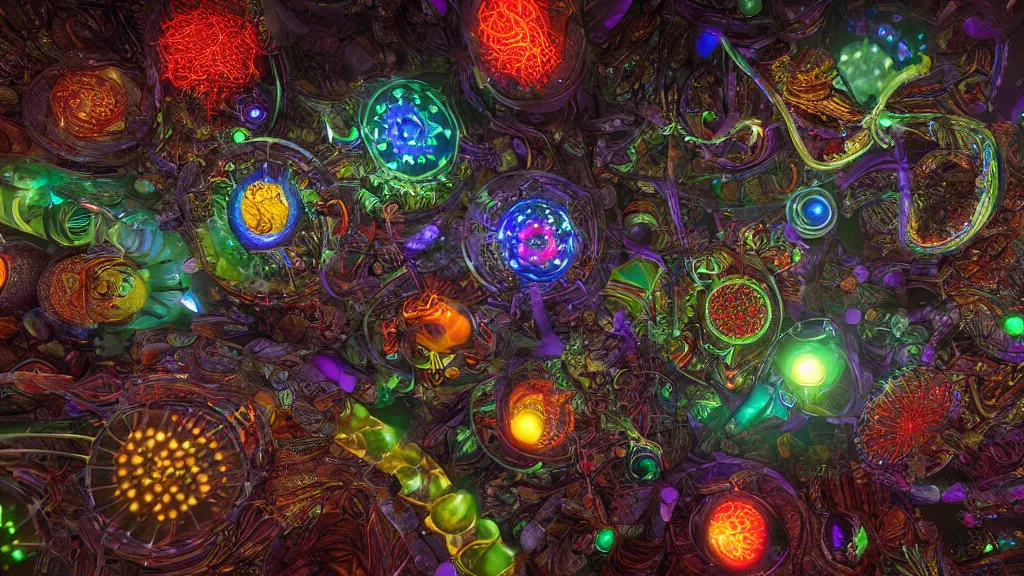 Prompt: quantum connections represented as symbiotic organisms like cells playing around with colorful lights by ernst haeckel, dark, unreal 5