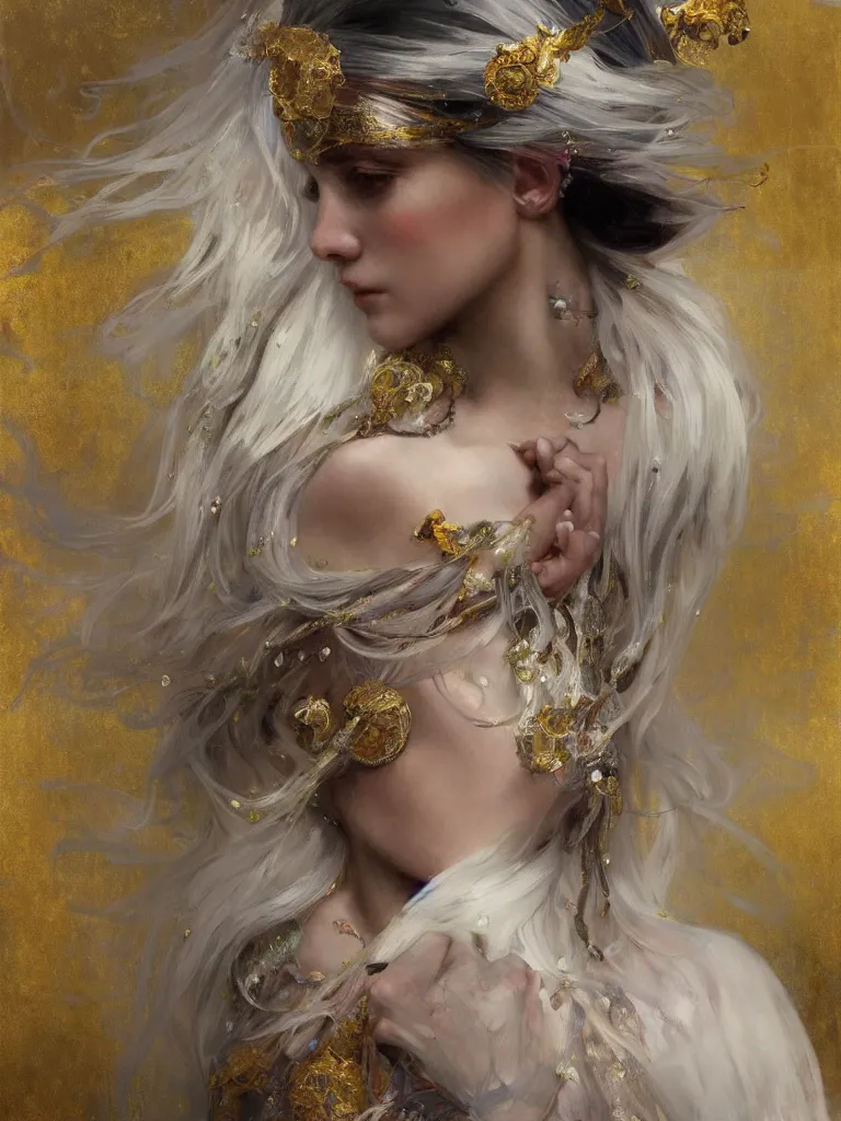 Prompt: a highly detailed beautiful white haired woman, adorned with precious stones and thin gold tendrils, by jeremy mann and alphonse mucha, 8 k resolution, trending on artstation, very very detailed, masterpiece, stunning, intricate,