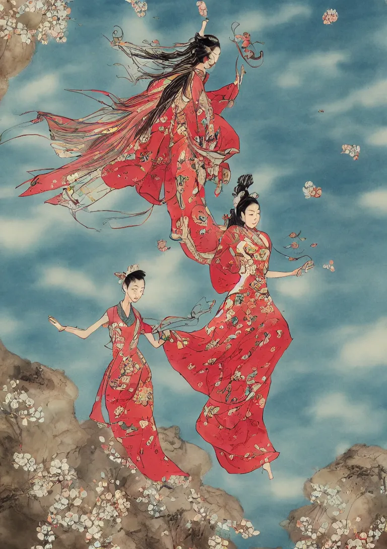 Prompt: a beautiful girl flying to the moon, wearing ancient chinese clothes, clothes floating, by disney concept artists