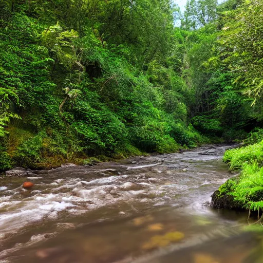 Image similar to a beautiful landscape, river, lush vegetation, 8K, photo