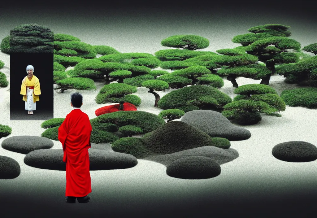 Image similar to a lone priest tending a zen garden kyoto, japan, a collage painting, in the style of wes anderson, lola dupre, david hockney, isolated on negative white space background dark monochrome fluorescent neon spraypaint accents volumetric octane render