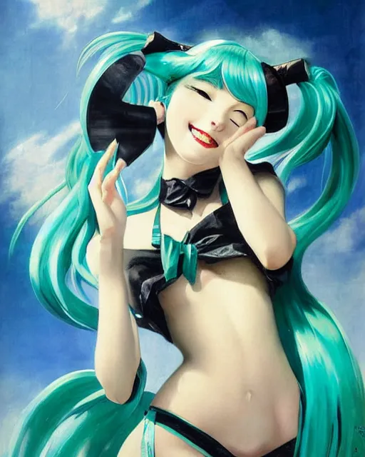 Image similar to A very very beautiful painting of Hatsune Miku by Gil Elvgren